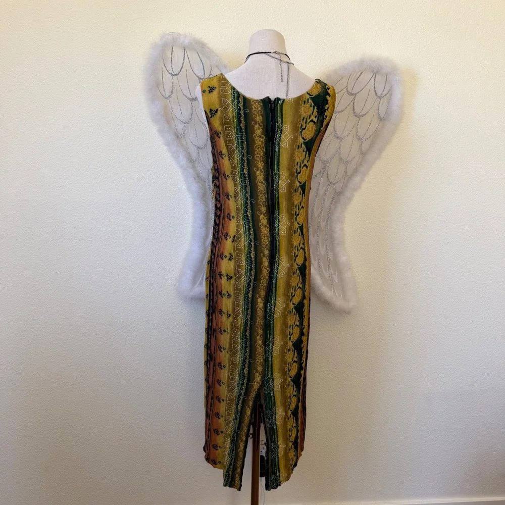 Earthy Boho Indie Grunge Tapestry Stripe‎ Midi Dress Green Rust Tank Beaded 90s